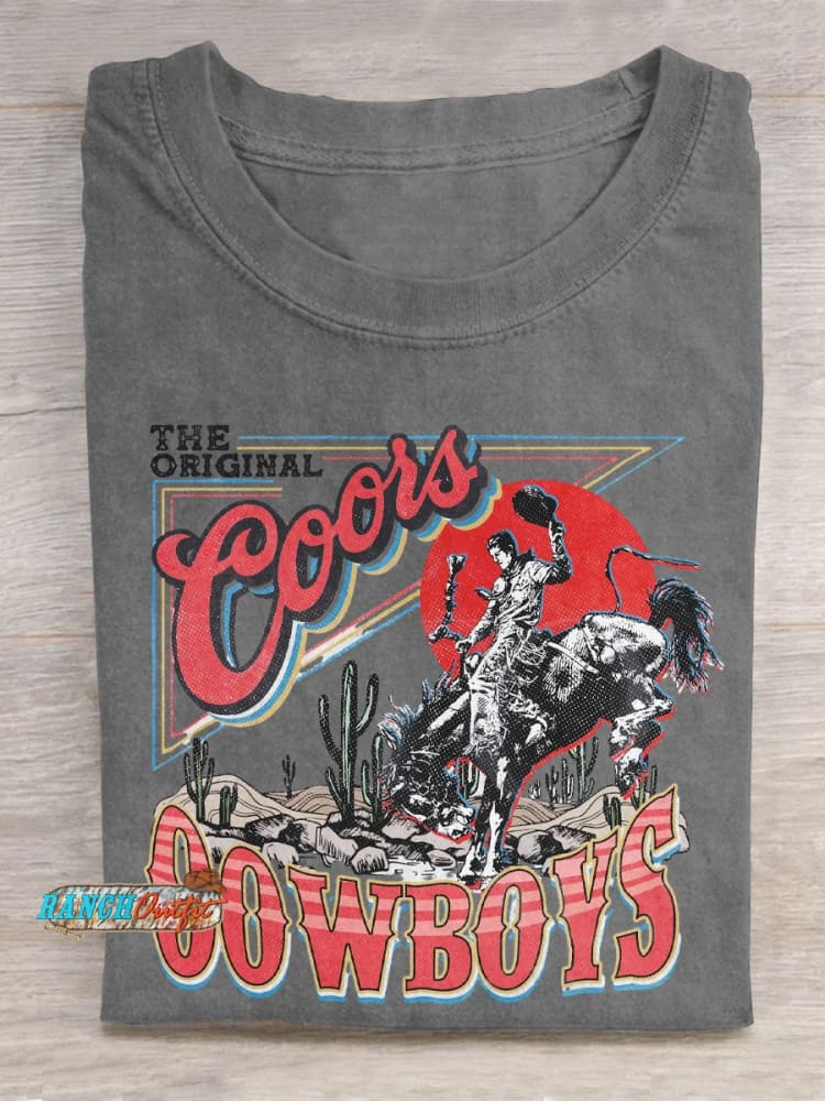 Vintage Coors Western Cowboy Art Print Casual T-Shirt Grey / S