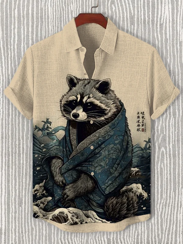 Men's Raccoon Rough Sea Waves Japanese Art Printed Linen Blend Shirt