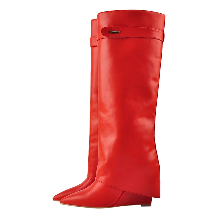 Pointed Toe High Heel Wedge Cover Up Fold Over Knee High Boots