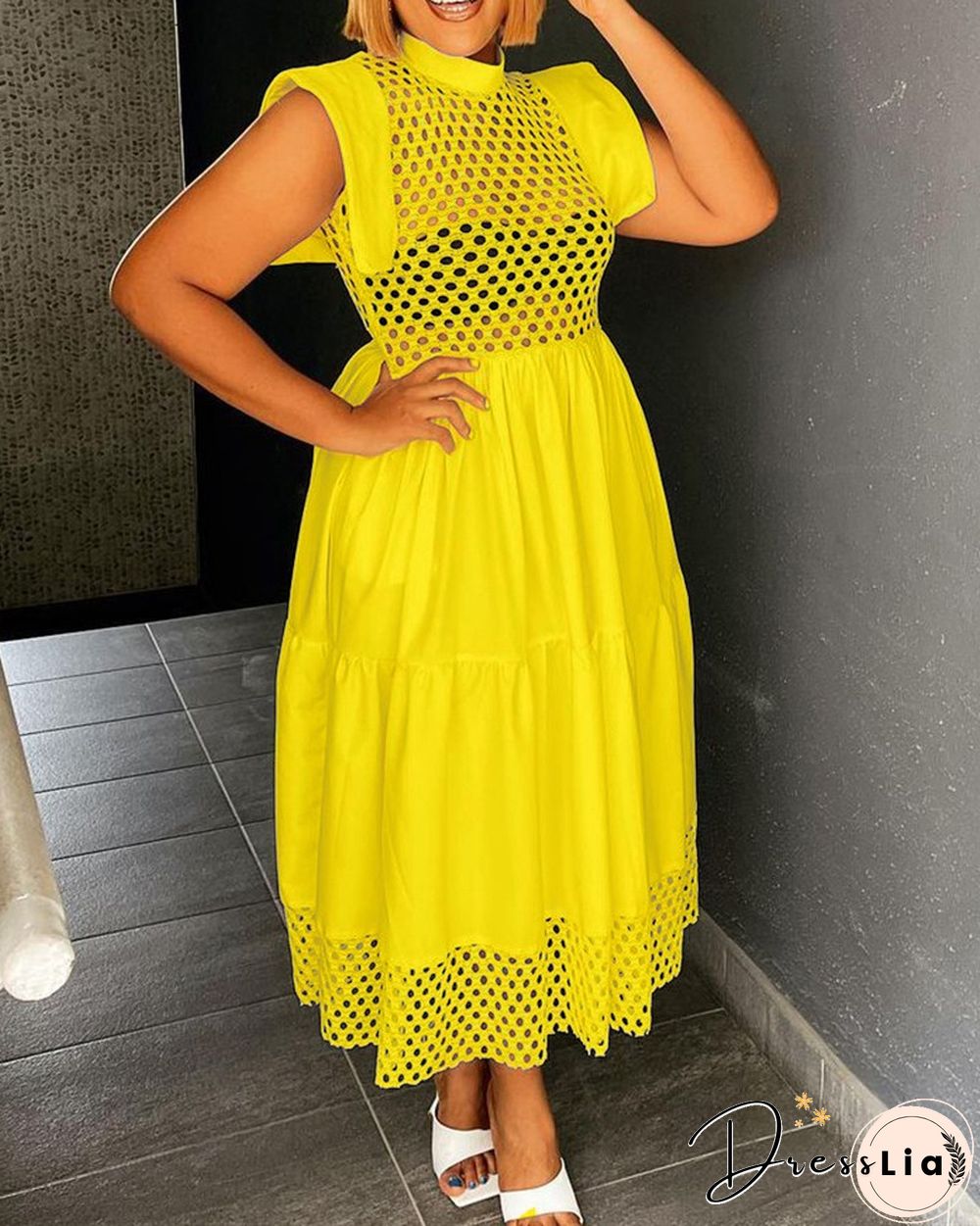 Plus Size Hollow Out Ruched Casual Maxi Dress