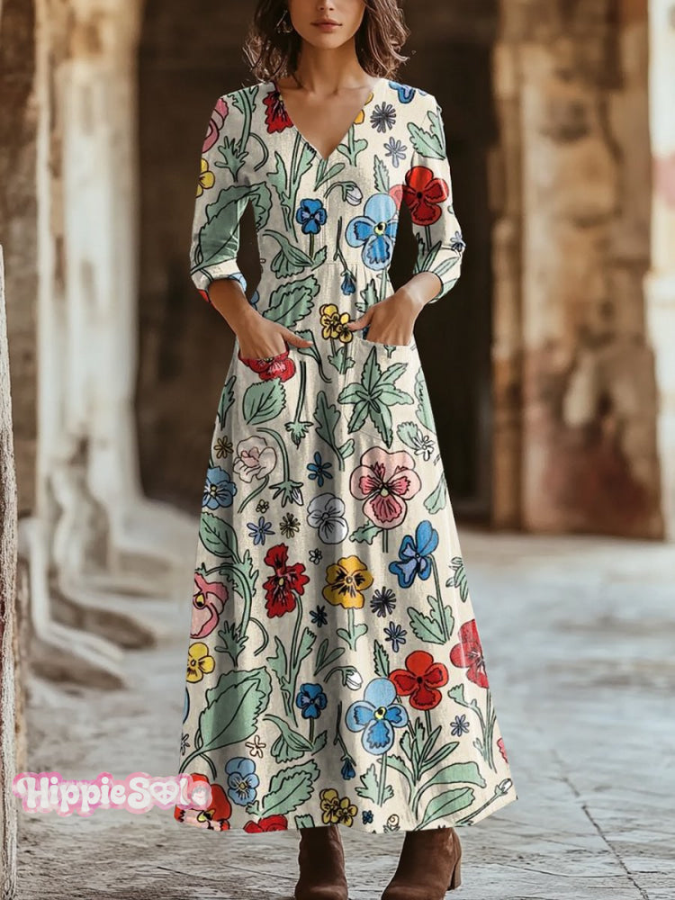 Women’s Vintage Floral Art Print Pocket Cotton Dress Multicolor / S