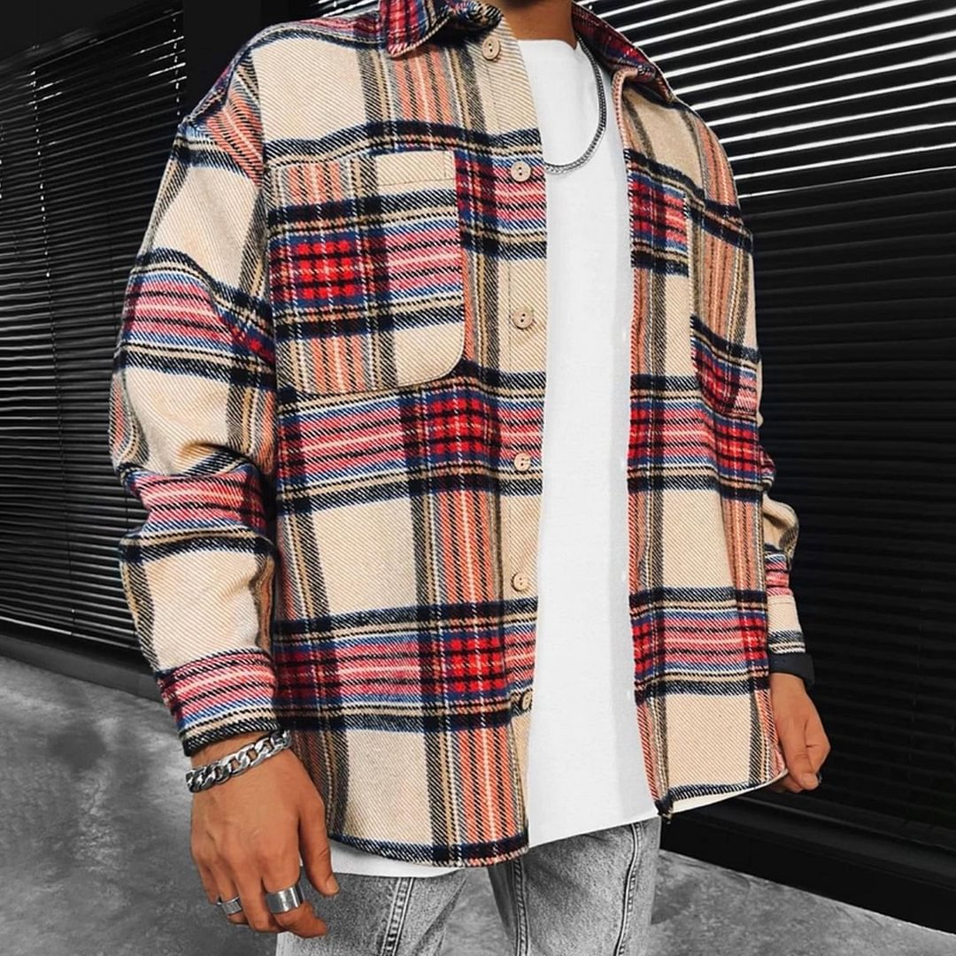 Men's Geometric Lattice Textured Pattern Long-sleeved Shirt/jacket