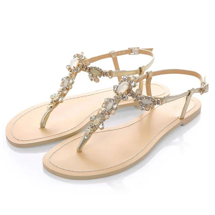 Beige Wedding Flats Women's T-Strap Crystal Decor Thong Sandals |FSJ Shoes