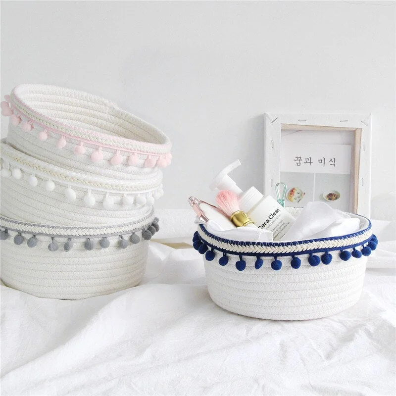 Cotton Rope Storage Baskets With Pompom Handmade Woven Dirty Clothes Laundry Basket Kids Toy Desktop Sundries Organizer Hamper