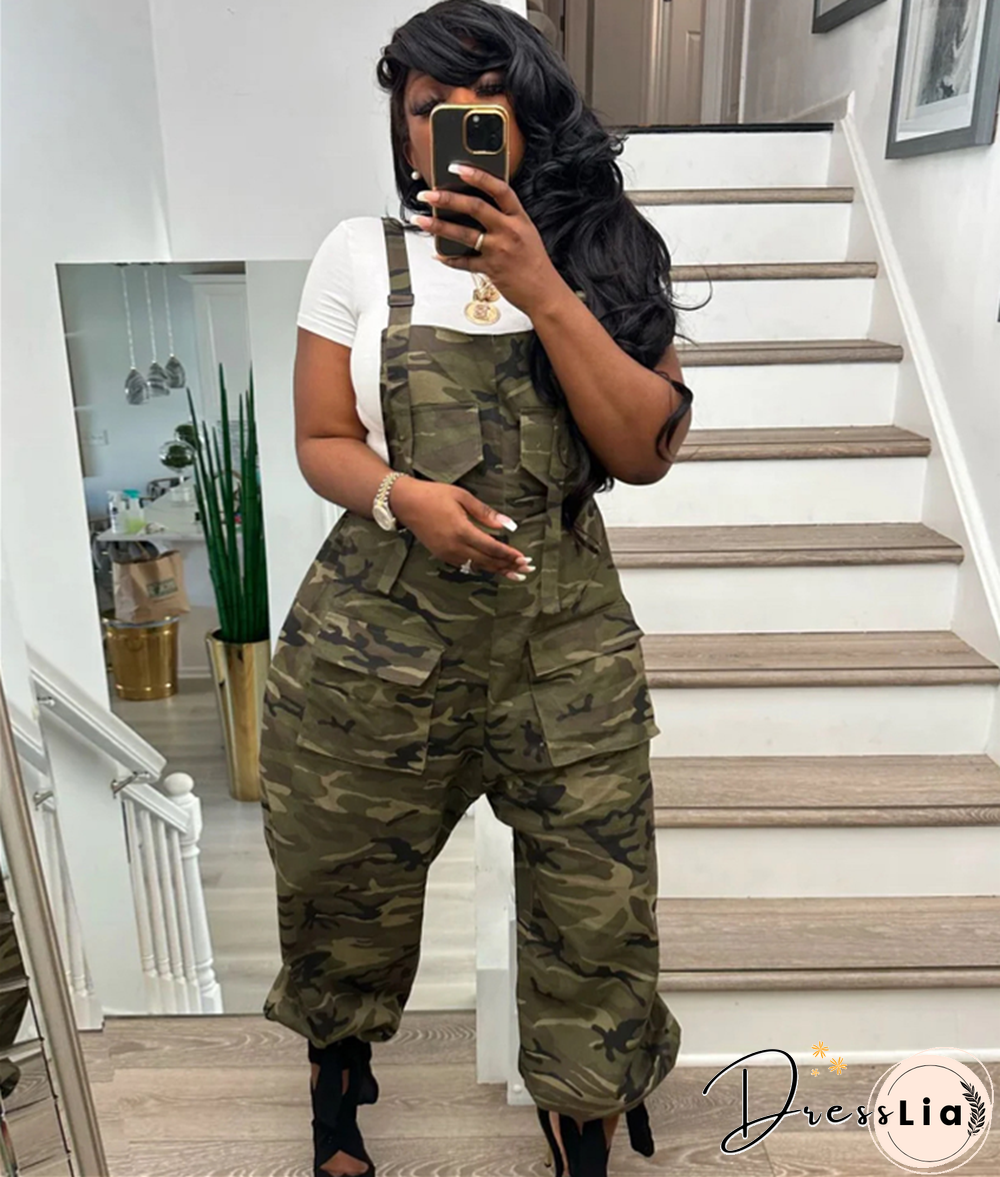 Camo Print High Waist Sleeveless Overalls Jumpsuit