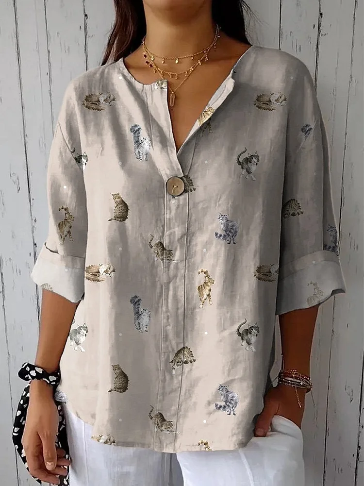 Lovely Petite Cats Pattern Printed Women's Casual Cotton Linen Shirt