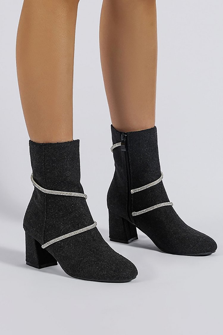 Rhinestone Straps Square Heel Zipper Pointy Toe Boots