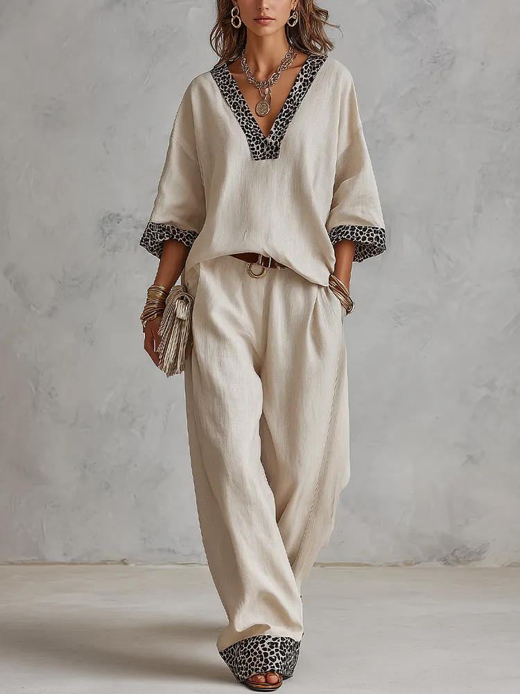 Bohemian Ivory Leopard Print Linen Set
