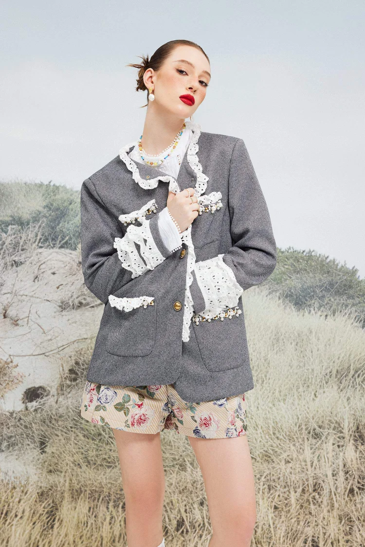 Lace Long Sleeve Blazer Grey
