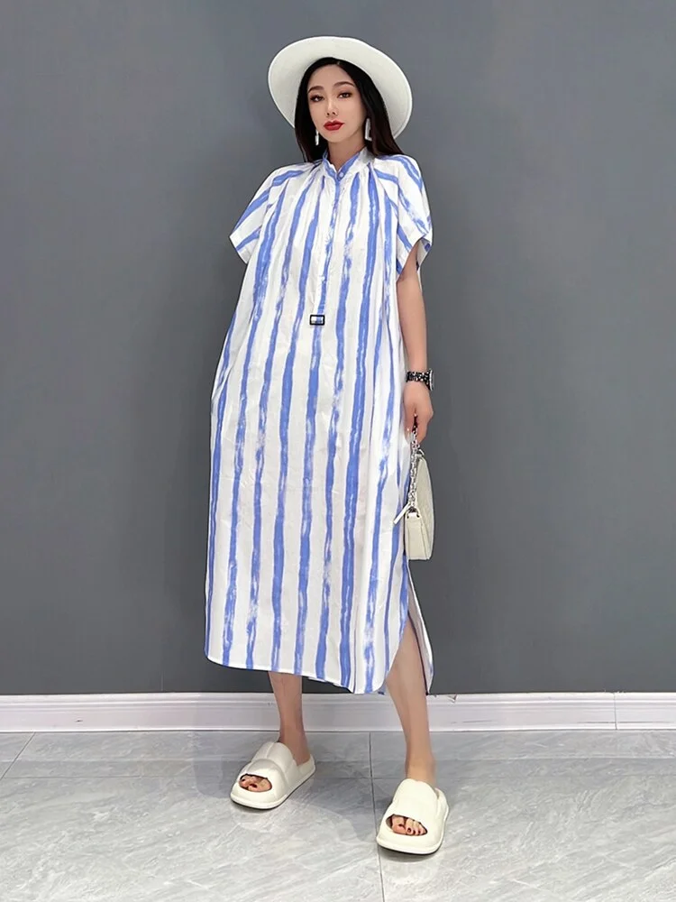 Casual Loose Stand Collar Striped Short Sleeve Shirt Dress