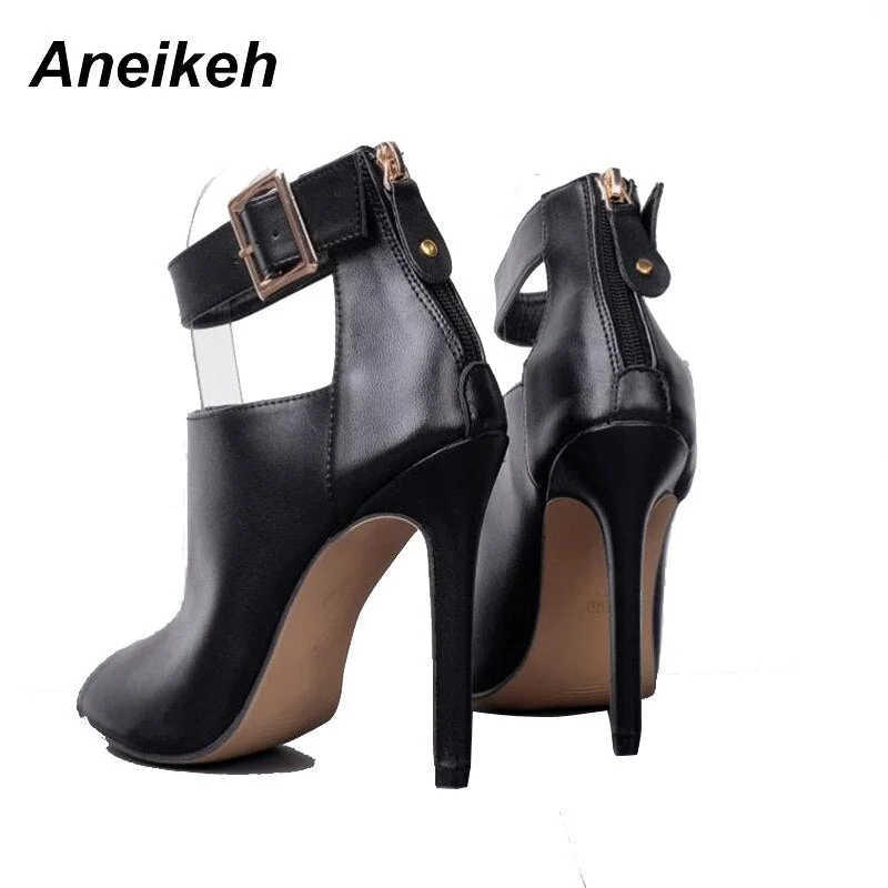 Aneikeh Gladiator Women Pumps Ladies Sexy Buckle Strap Roman High Heels Open Toe Sandals Party Wedding Shoes Size 41 42 Black