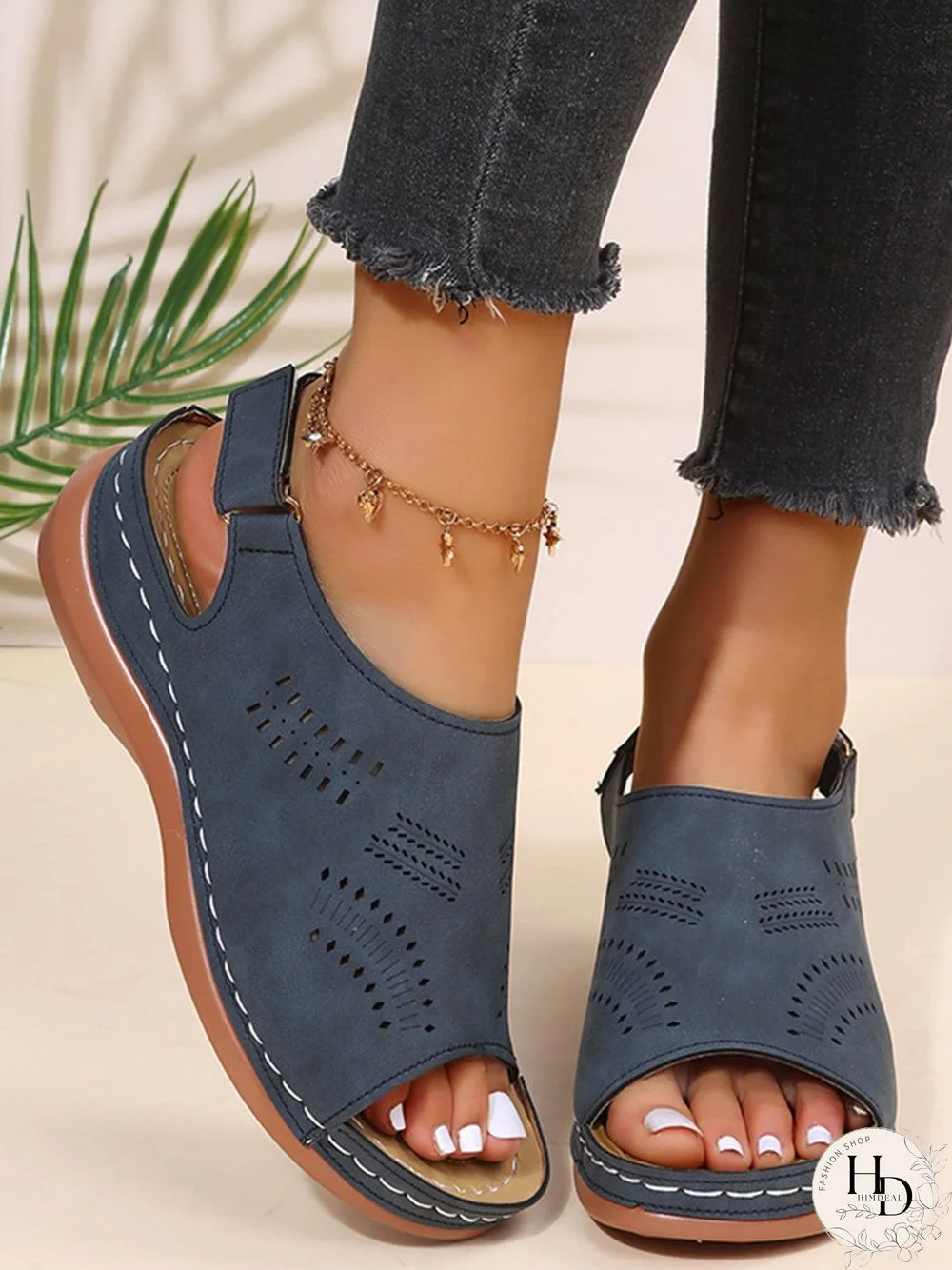 Cutout Velcro Vintage Casual Velcro Wedge Sandals