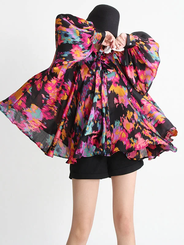 Fashion Loose Printed Puff Sleeves Pleated Stand Collar Blouses