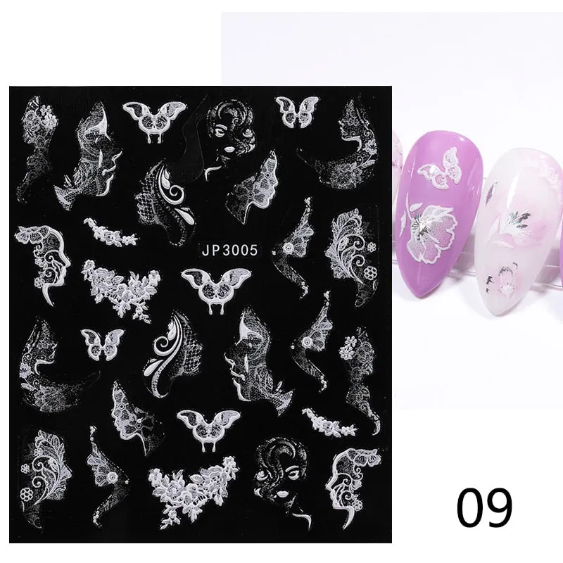 1 Sheet White Embossed Flower Lace Sticker Decal Wedding Nail Art Designs Floral Butterfly Japanese Manicures Nail Decoration