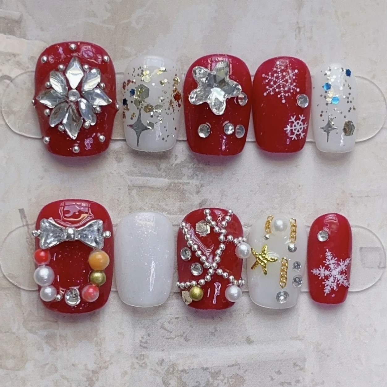 Alccn 10Pcs Red Handmade Press on Nails Full Cover Snowflake Cute Snowman French Rhinestone Short Square Wearable False Nail Christmas
