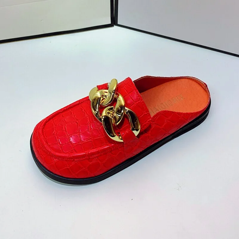 Summer Women Slipper Low Heels Casual Slides Flip Flop Round Toe New Arrival Brand Design Gold Chain Closed Slip On Shoes Mulles