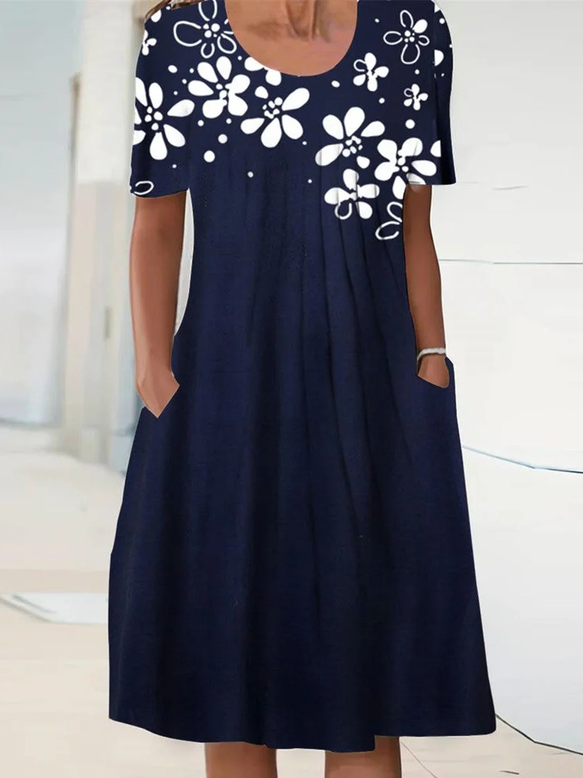 Women plus size clothing Women Short Sleeve Scoop Neck Floral Printed Midi Dress-Nordswear