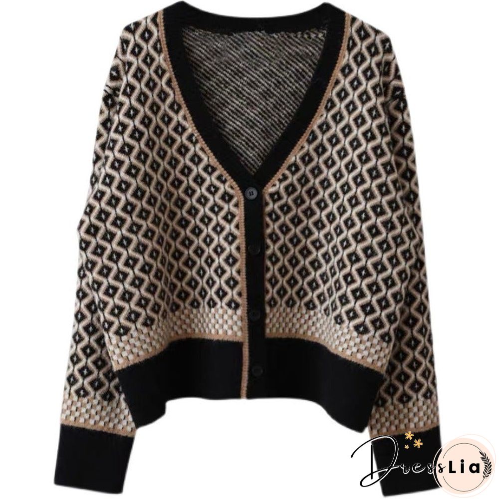 Temperament Contrast Knitted Cardigan Female V-neck Rhombic Thick Loose Coat Sweater