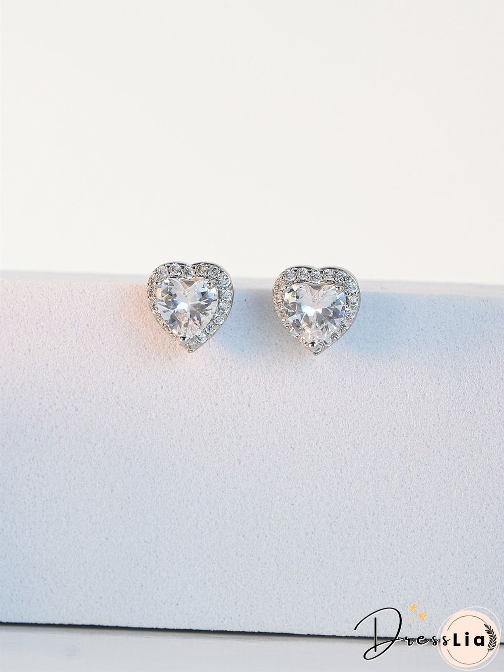 Full Diamond Pink Zircon Heart Stud Earrings Commuter Jewelry