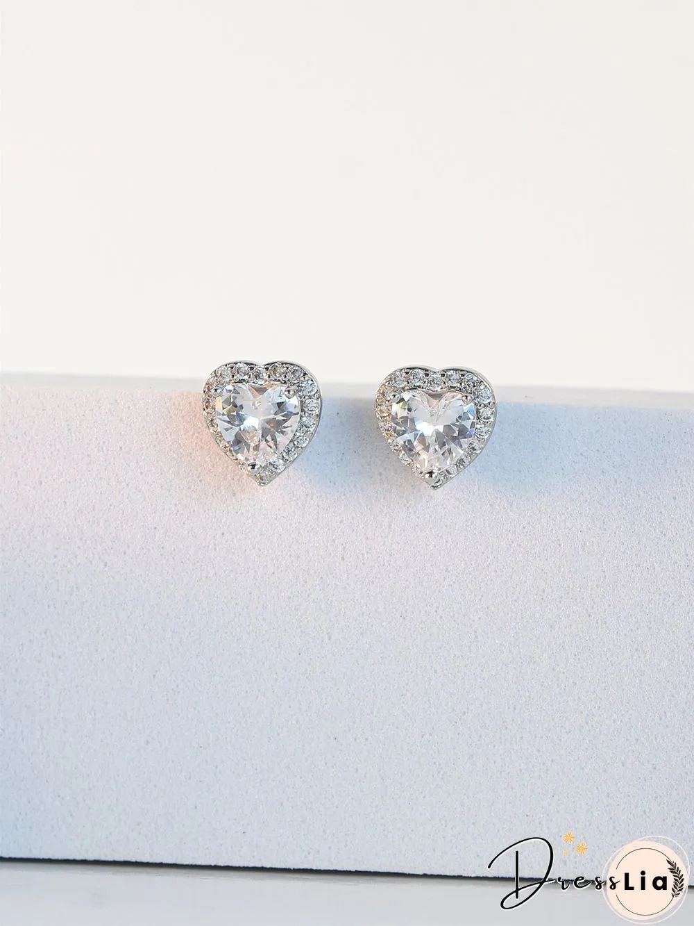 Full Diamond Pink Zircon Heart Stud Earrings Commuter Jewelry