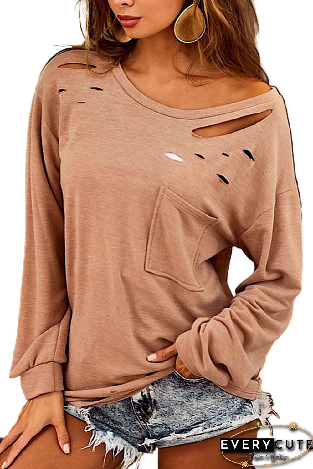 Khaki Distressed Cutout Long Sleeve Casual Top