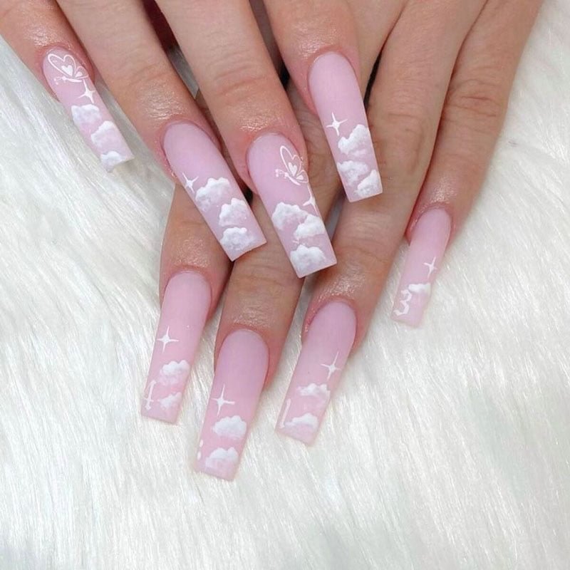 24pcs/set Coffin Fake Nails Nude Pink Cloud Butterfly Decal Ballerina Faux Full Nail Art Tips Detachable Long Press On Nails