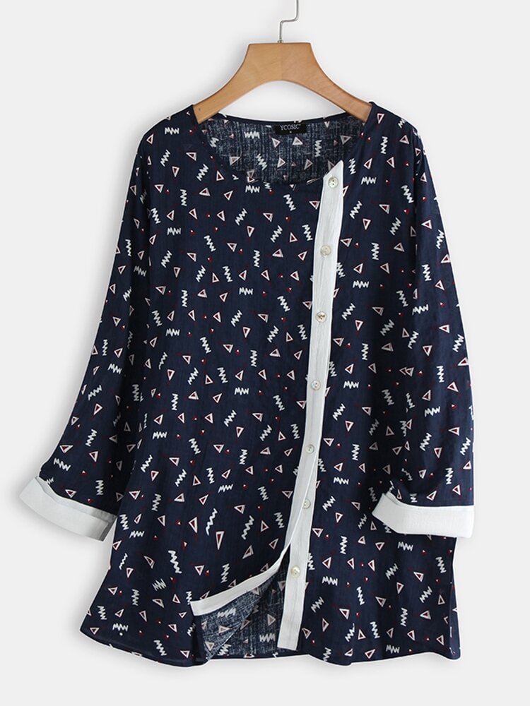 Geometric Print Patchwork Long Sleeve Casual Blouse For Women P1623831