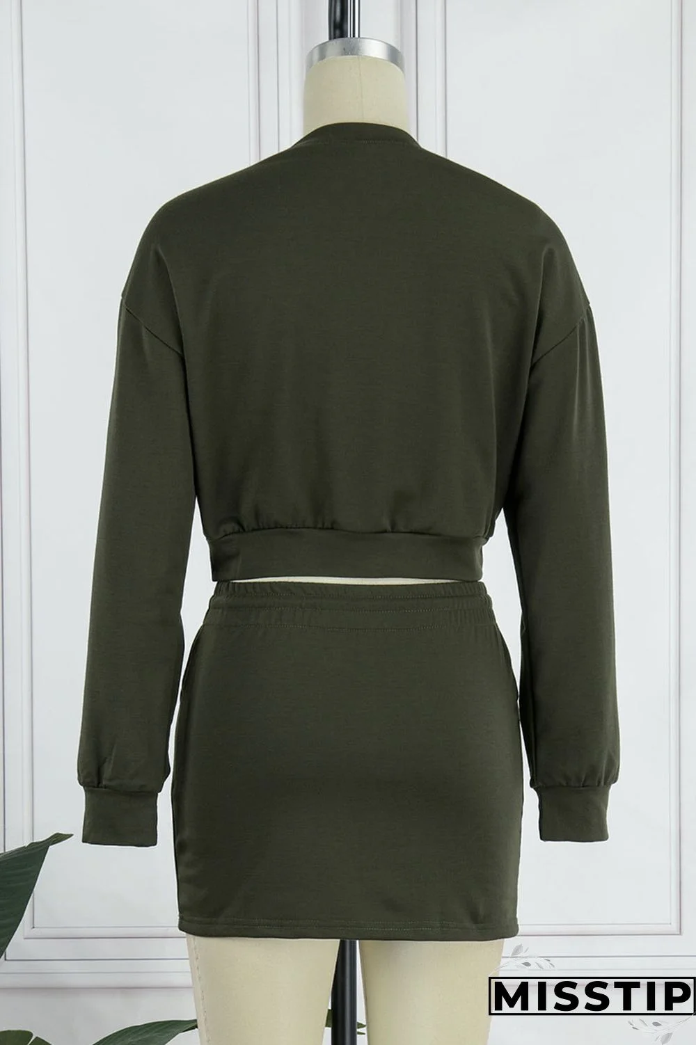 Army Green Casual Solid Patchwork O Neck Long Sleeve Two Pieces