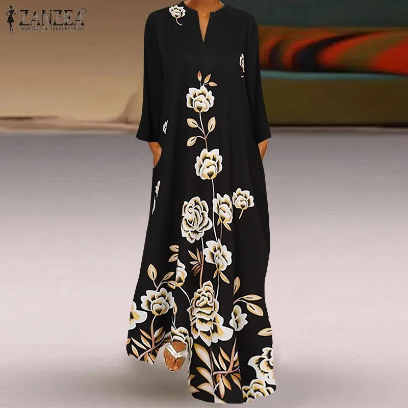 Spring Women's Sundress Bohemian Floral Long Dress ZANZEA 2022 Casual Long Sleeve Party Holiday Vestidos Kaftan Robe Dresses