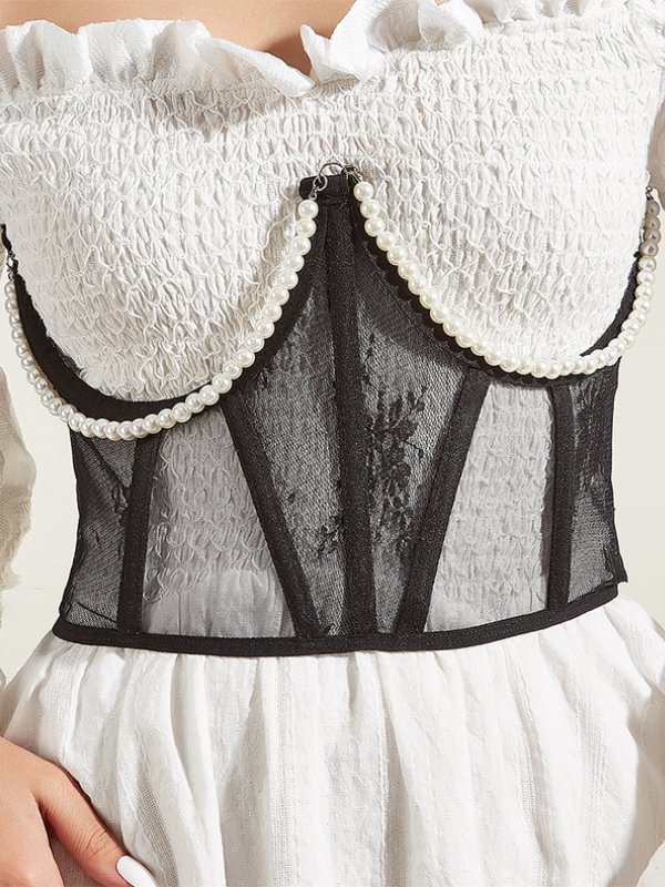 Gothic Dark Lace-up Pearl Bandaged Mesh Corset