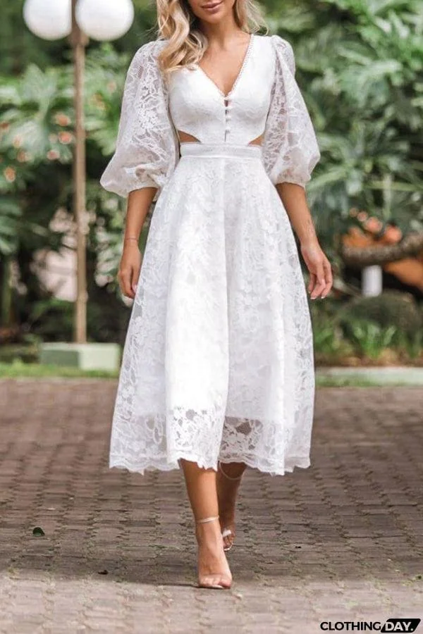 Solid Color Mid-sleeve Elegant Lace Midi Dress