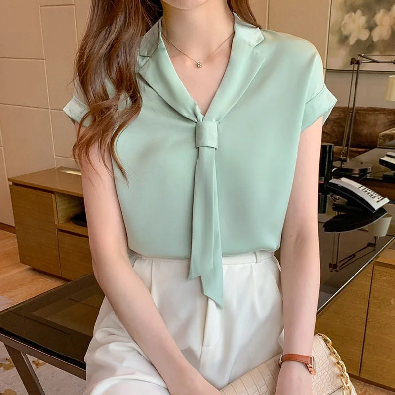 Blusas Blouses Tops Women Short Sleeve Blouse Women Bow V-Neck Chiffon Blouse Shirt Blusas Mujer De Moda 2022 Women Shirts 515-1