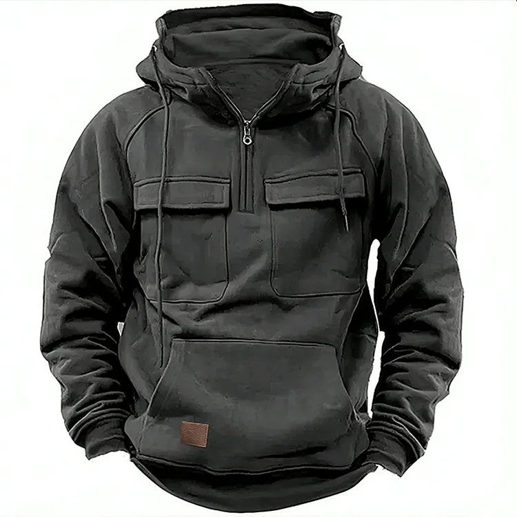 Daily Solid Half Zipper Pocket Long Sleeve Hoodie