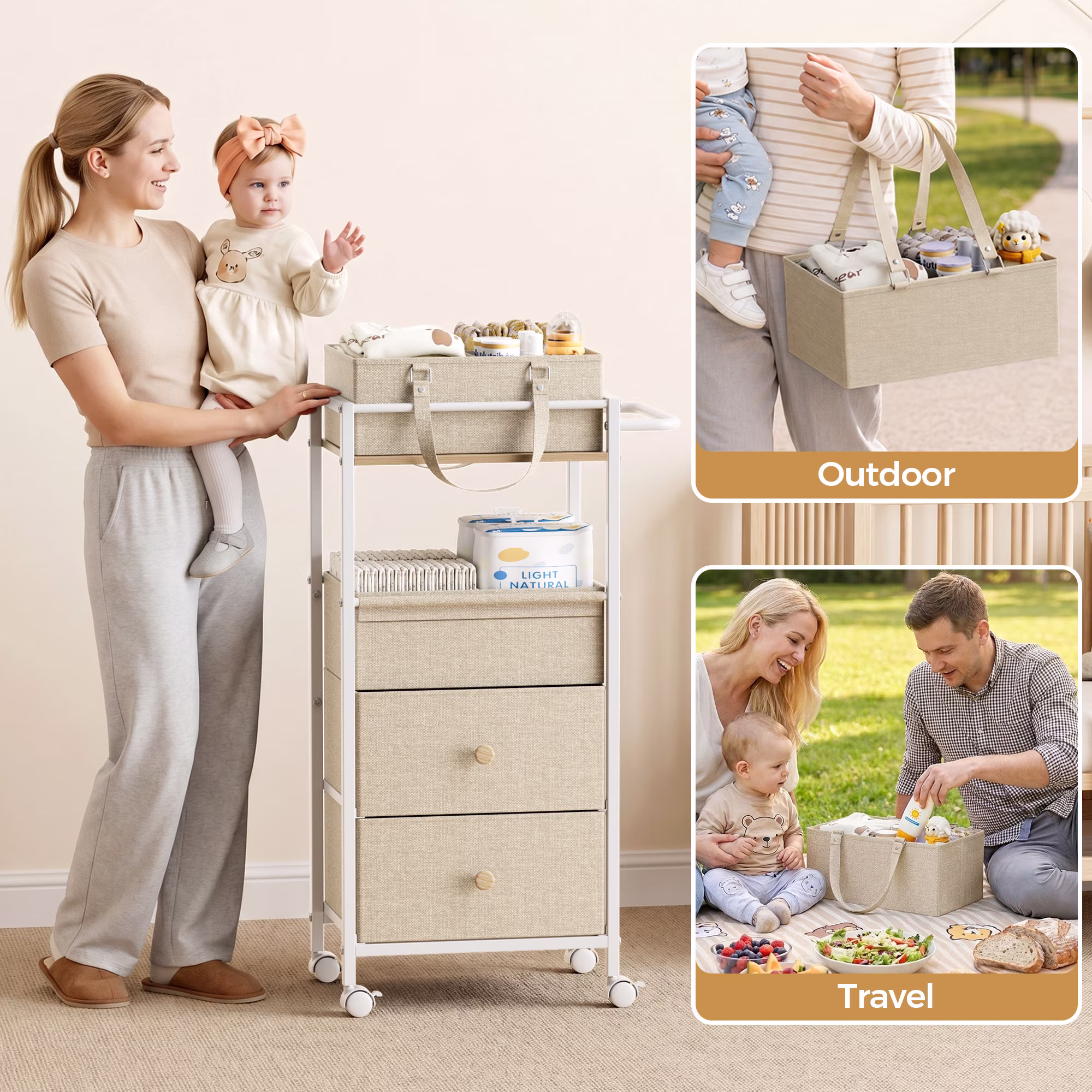 Baby Diaper Caddy Organizer Cart with Drawers - 3In1 Rolling Storage Cart with Wheels, Removable Diaper Caddy, Detachable Dividers - for Crib, Bedroom, Art & Craft Organizer (Off White)