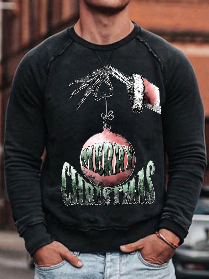 Mens Merry Christmas Skeleton Hand Funny Graphic Print Casual Cotton-Blend Skull Sweatshirt