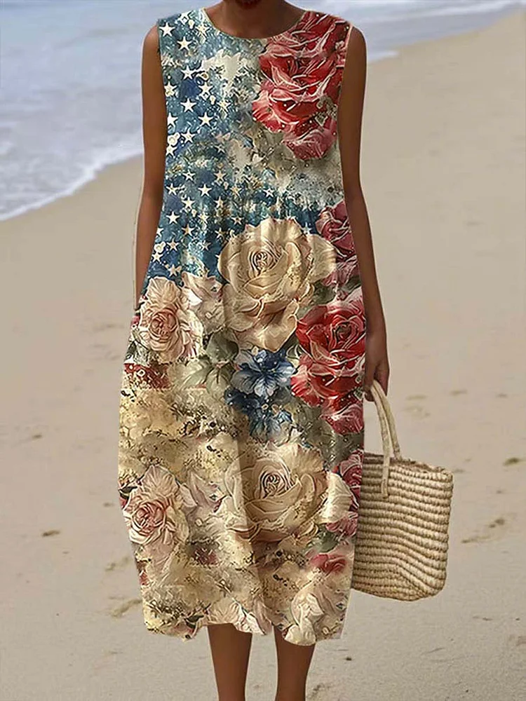 Women's Vintage Floral Independence Day Art Print Sleeveless Cotton Pocket Wrap Dress
