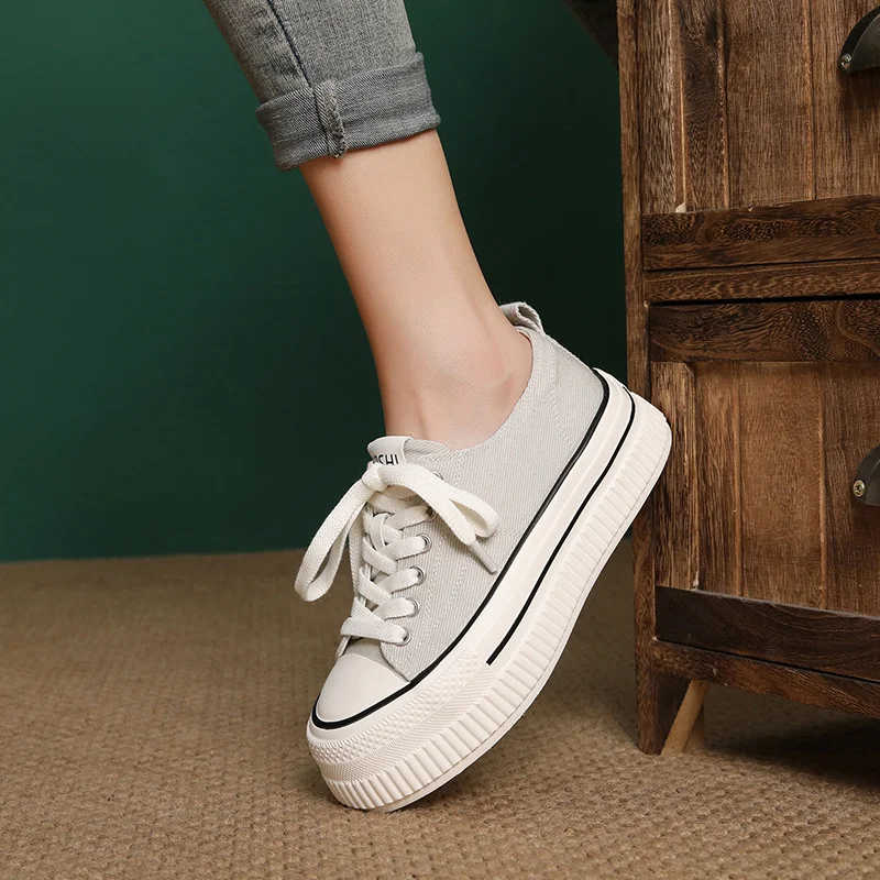 Yyvonne Spring And Summer New Thick-Bottomed Canvas Shoes Women's Round Head Casual Single Shoes Shallow Low Help Small White Shoes