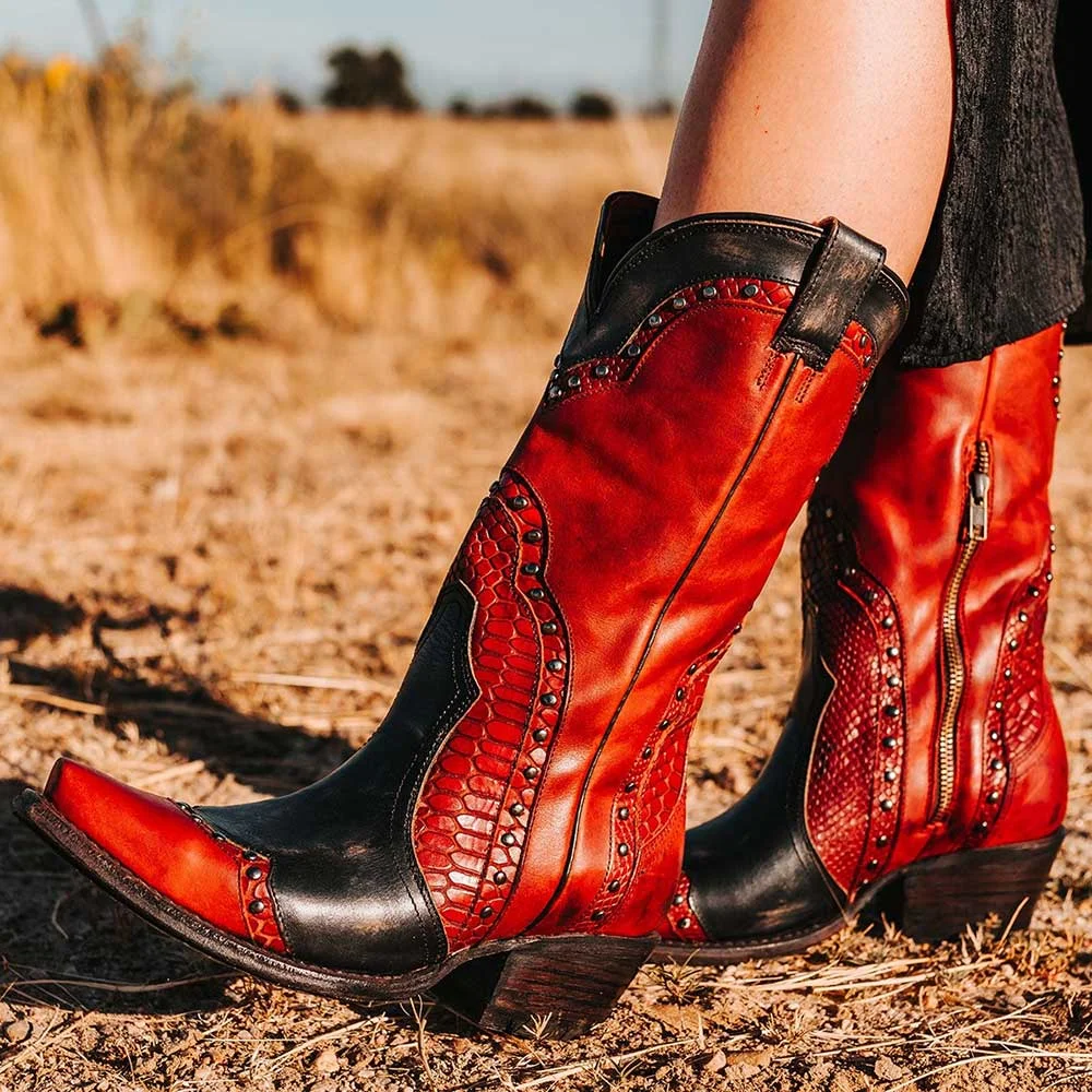 Red & Black Patchwork Snip Toe Chunky Heel Studded Cowgirl Boots Nicepairs