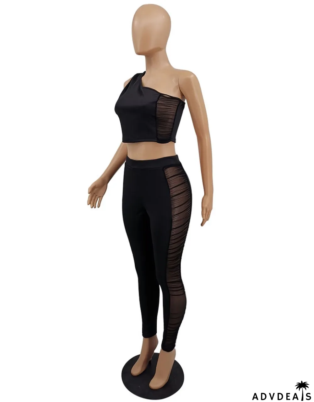 Autumn Black Mesh Patch Tight One Shoulder Crop Top and High Waist Pants 2PC Set
