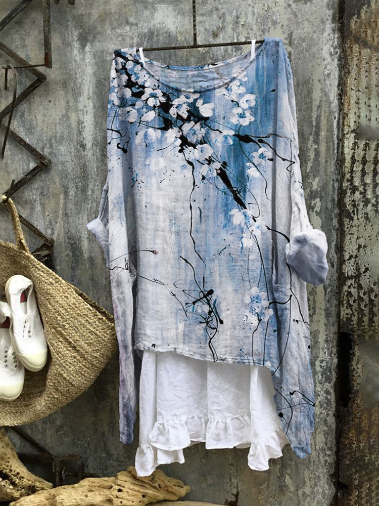 Comstylish Vintage Ink Flower Print Linen Blend Tunic