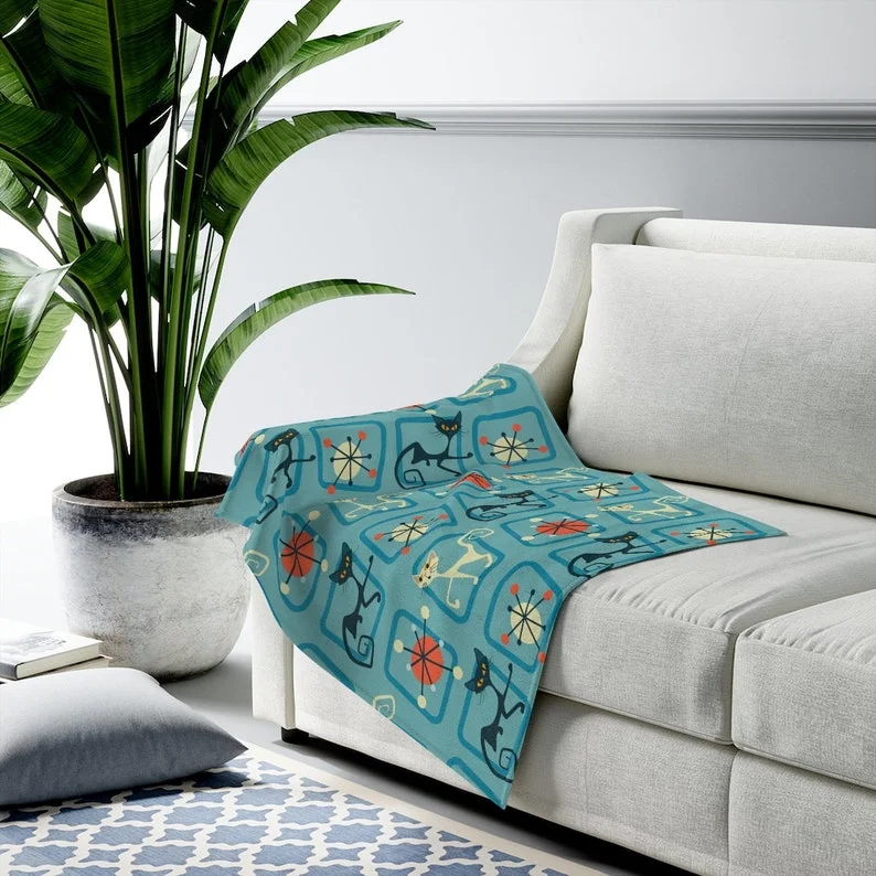 Mid Century Modern Atomic Cats Blue Geometric Abstract THIN Velveteen Plush Blanket