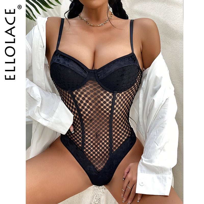 Ellolace Fishnet Bodysuit Sexy Velvet Bodycon Black Lingerie Top See Through Tempt Teddy Sleeveless Bodysuit With Crotch