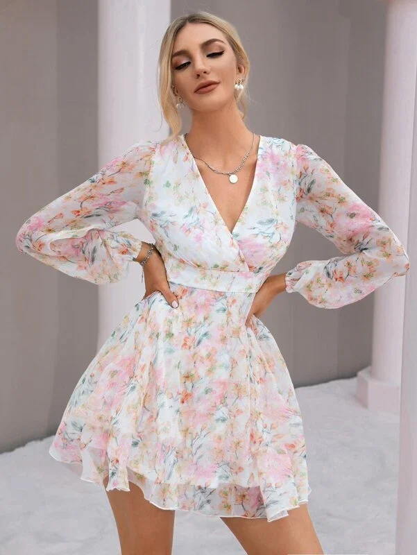 Double Crazy Lantern Sleeve Allover Floral Print Dress