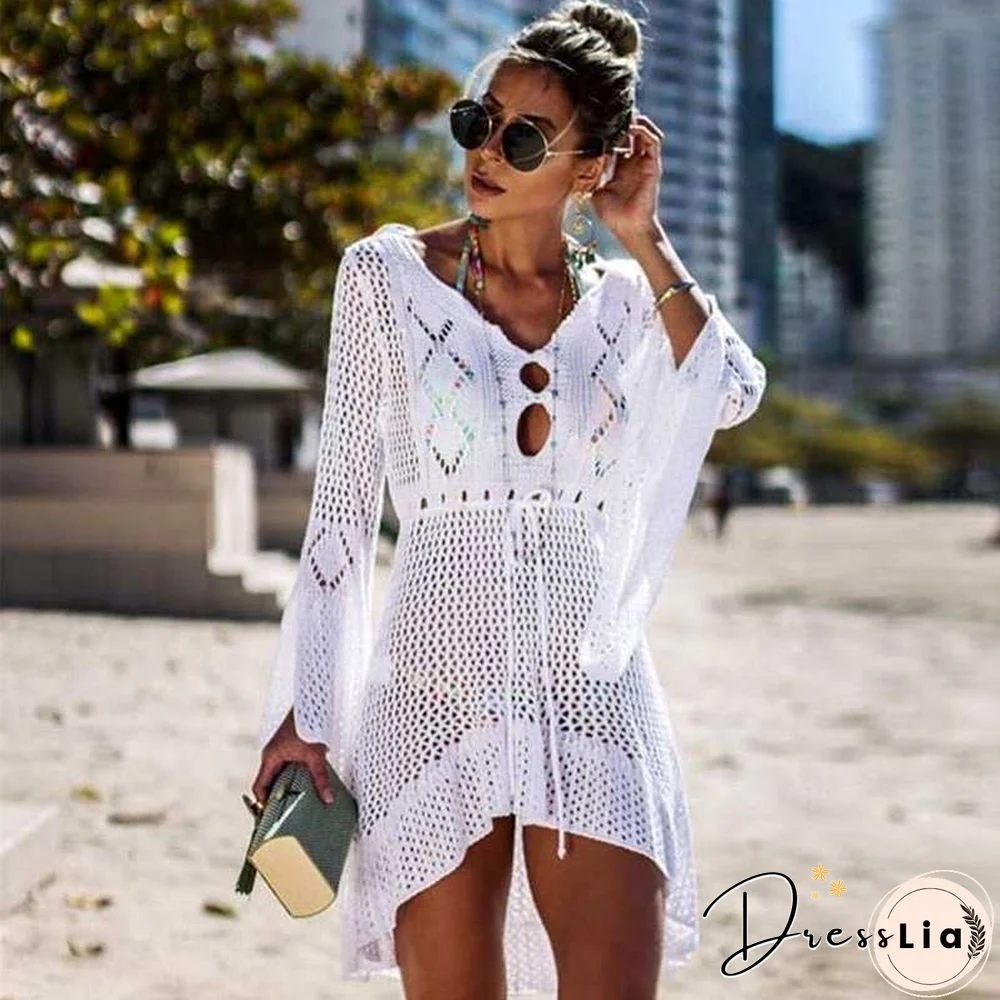 Boho High Low Puff Sleeve Crochet Beach Dress Swim Cover Ups