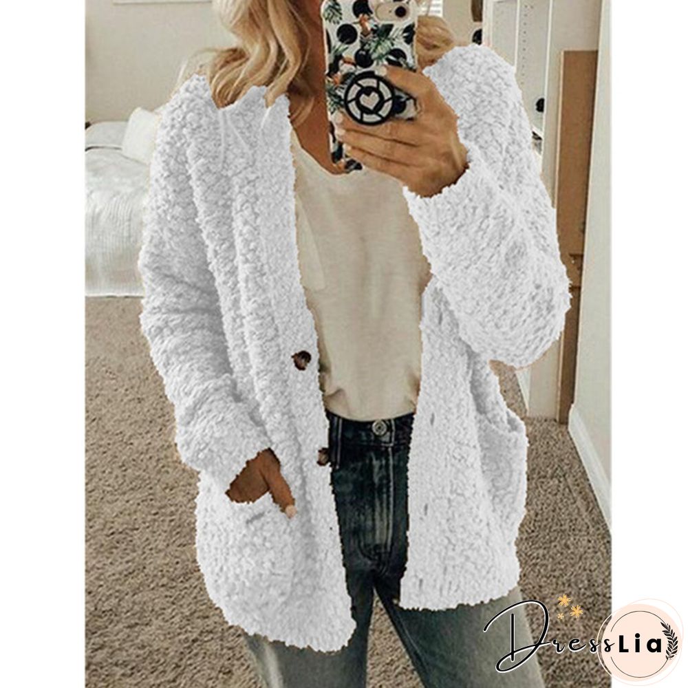 Women Winter Fashion Loose Long Sleeve Solid Color Plush Cardigan Sweater Coat Tops Button Casual Outwear XS-5XL
