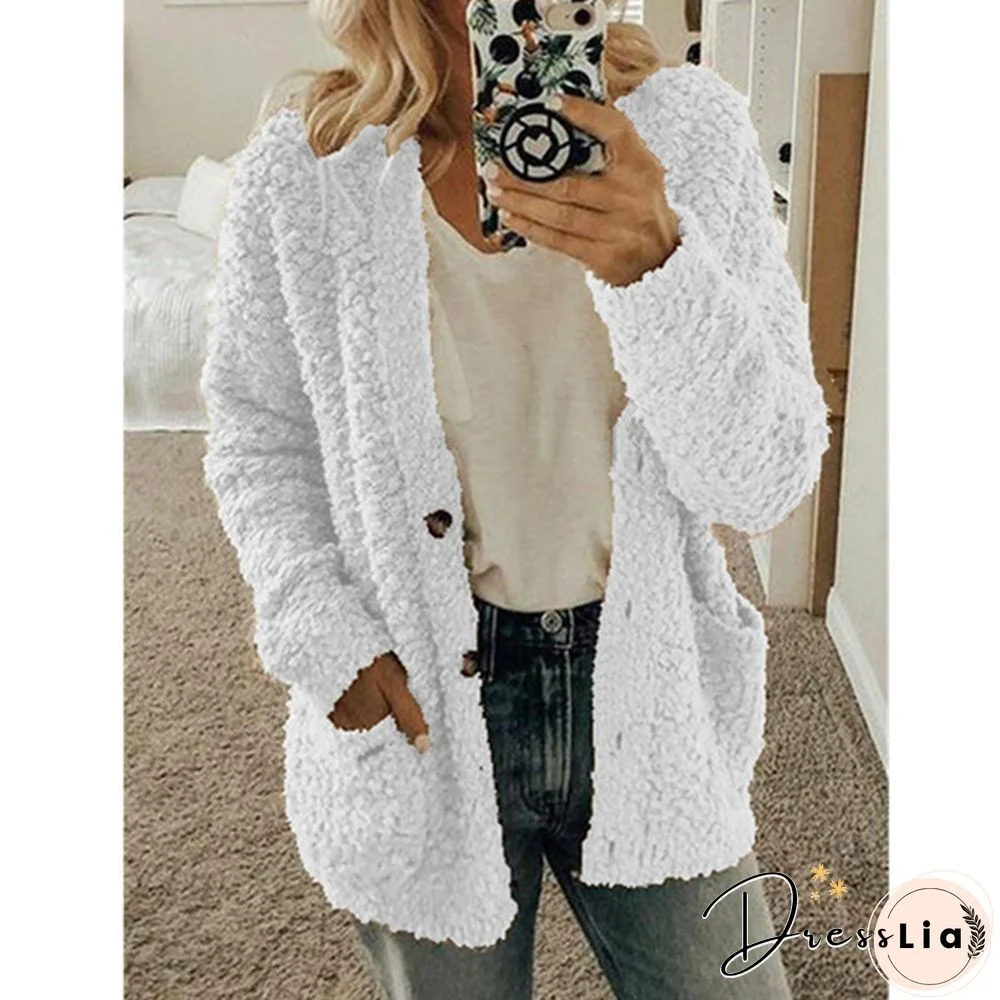 Women Winter Fashion Loose Long Sleeve Solid Color Plush Cardigan Sweater Coat Tops Button Casual Outwear XS-5XL