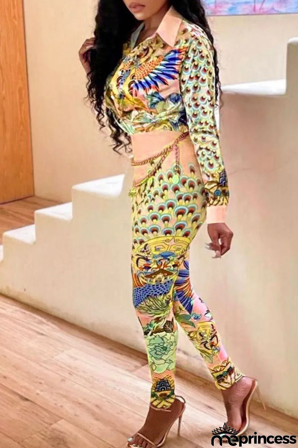 Purple Casual Print Split Joint Buckle Turndown Collar Long Sleeve Two Pieces(Without Belt)