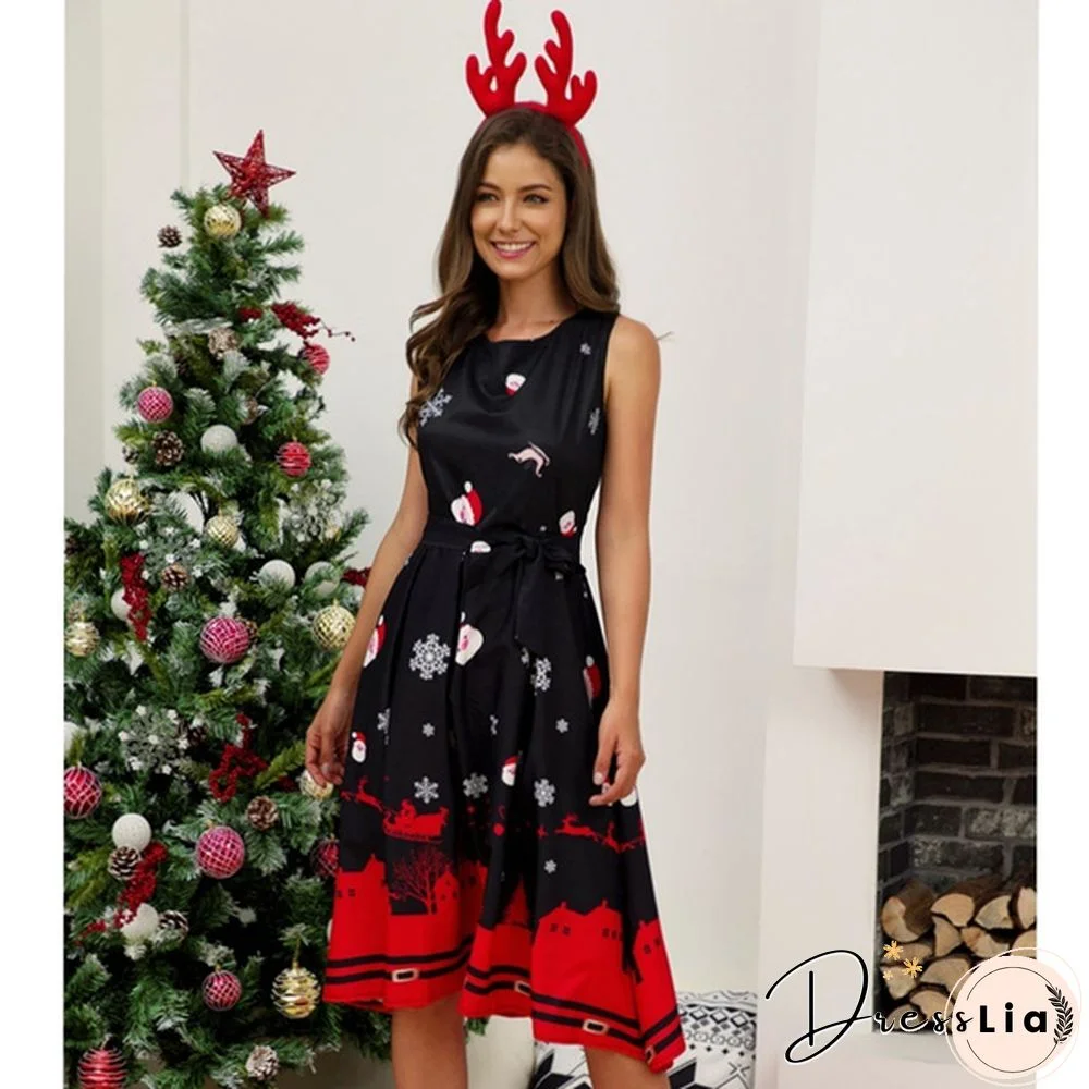 Womens Vintage Sleeveless Santa Christmas 1950s Retro Xmas Evening Prom Swing Dress