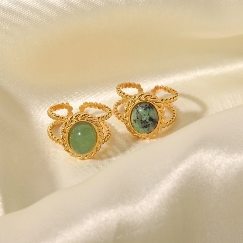 Retro Oval 304 Stainless Steel Natural Stone Inlay Open Ring