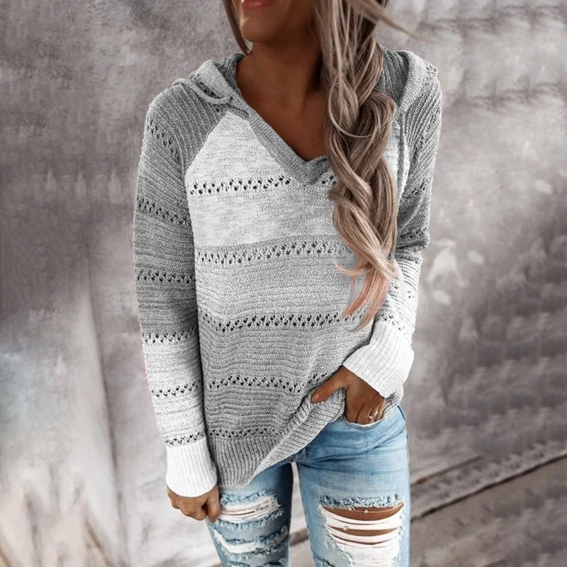 Women Autumn Patchwork Hooded Sweater Casual V-neck Striped Knitted Sweater Female Long Sleeve Pullover Jumpers New Hoodies